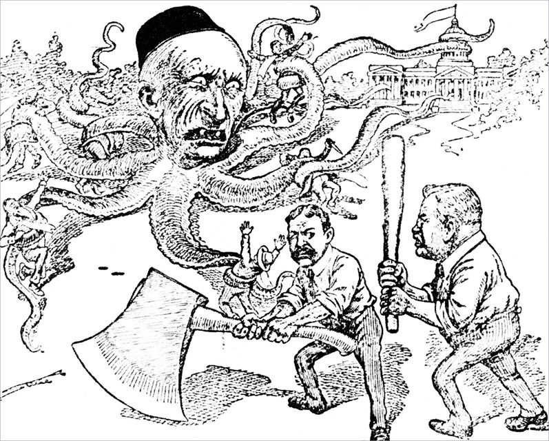 Na karikatue z roku 1900 je prmyslník John D. Rockefeller vyobrazen jako chobotnice a americký prezident Theodore Roosevelt jako mu se sekerou.