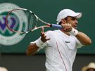 Kolumbijský tenista Alejandro Falla pi zápase proti Federerovi ve Wimbledonu.