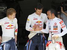 Ti nejlep kvalifikace Velk ceny Evropy, zleva: Vettel, Webber (oba Red Bull), Hamilton (McLaren).