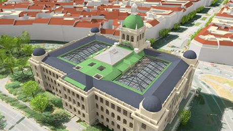 Letecký pohled na obnovenou historickou budovu Národního muzea (vizualizace)