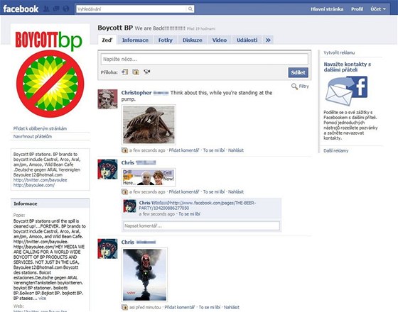 Stránka Boycott BP na Facebooku byla v pondlí nedostupná