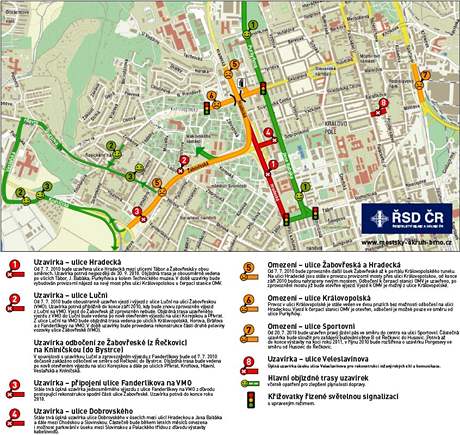 Stavba Velkého mstského okruhu pokrauje, idie ekají dalí dopravní omezení (ervená - uzavírka, lutá - omezení, zelená - objízdná trasa)