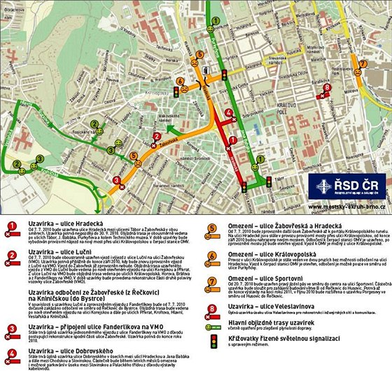 Stavba Velkého městského okruhu pokračuje, řidiče čekají další dopravní omezení (Červená - uzavírka, žlutá - omezení, zelená - objízdná trasa)