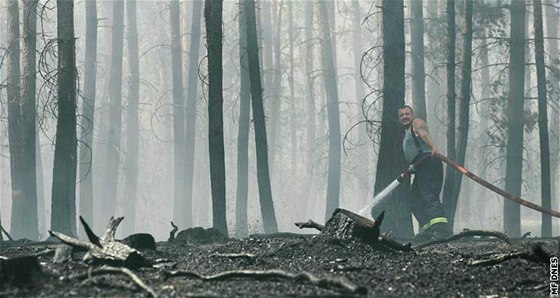 Hasii bojují s poárem lesa nedaleko Lázní Bohdane