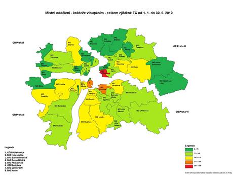 Mapa -  ppady vloupn  v Praze v I. polovin roku 2010