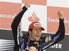 VÝBUCH RADOSTI. Mark Webber z Red Bullu oslavuje své vítzství ve Velké cen Británie.