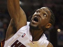 Udonis Haslem z Miami Heat smeuje do koe pes dallaskho Drewa Goodena.