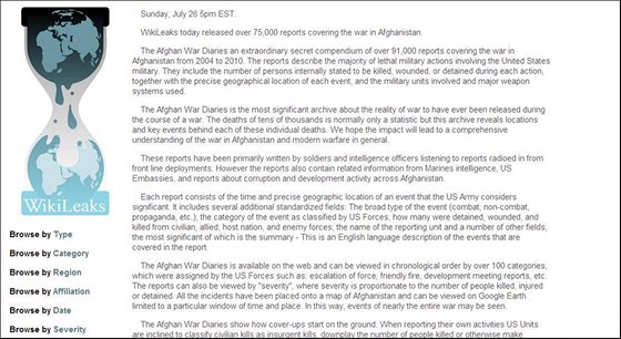 WikiLeaks zveřejnila tajné dokumenty o válce v Afghánistánu (25. července 2010)