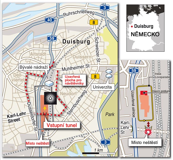 Mapa netstí na Loveparade v nmeckém Duisburgu.