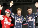 Po kvalifikaci na Velkou cenu Maarska - Fernando Alonso, Sebastian Vettel a Mark Webber (zleva).