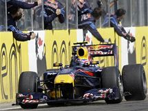 Mark Webber oslavuje triumf ve Velk cen Maarska s tmem Red Bull.