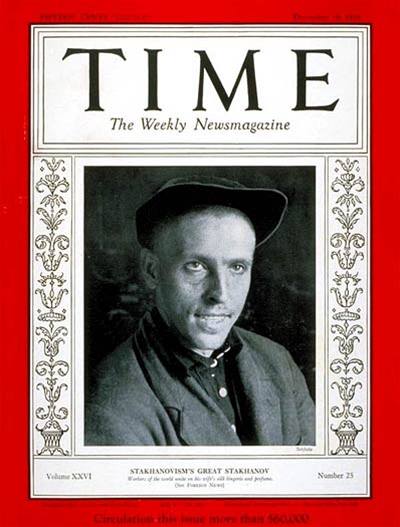 Legendární sovětský horník Alexej Stachanov na obálce časopisu Time