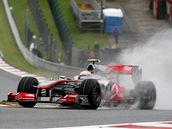 Lewis Hamilton (McLaren) na trati detivho ptenho trninku Velk ceny Belgie.