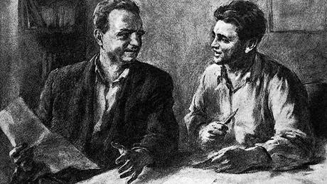 Ludovít Ileko: Klement Gottwald a Julis Fuík, kresba z asopisu eskoslovenský voják, padesátá léta