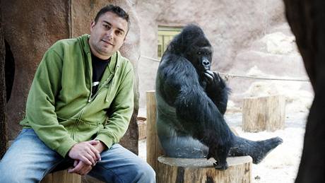 Marek ánský v pavilonu goril praské zoo. Za sklem Richard