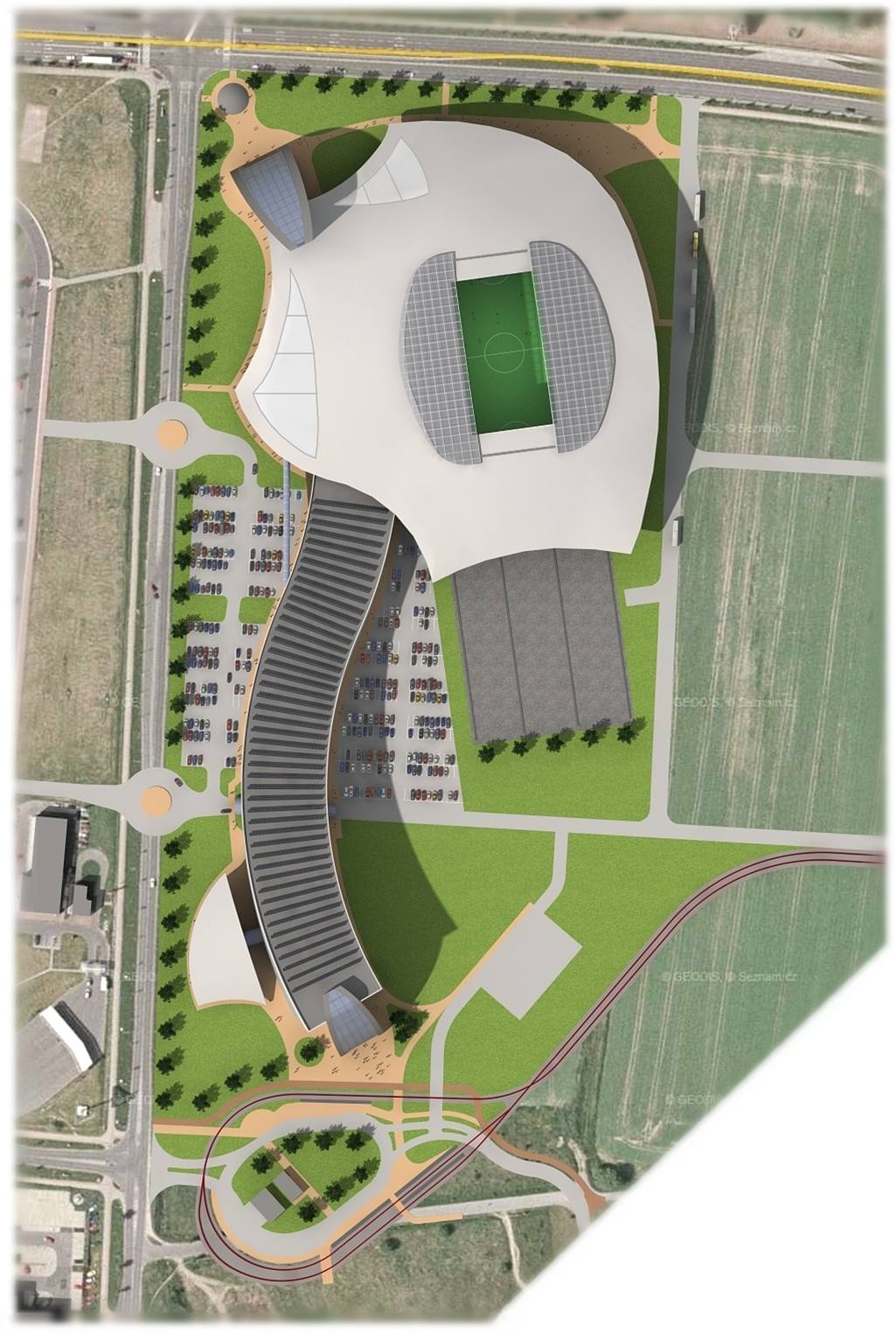 Studie výstavby nového stadionu s bazénem a krytou sjezdovkou na Borských polích. Plzeská radnice nakonec od ambiciozního projektu ustoupila.