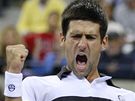 Novak Djokovi se raduje ze zisku druhého setu ve finále US Open 2010