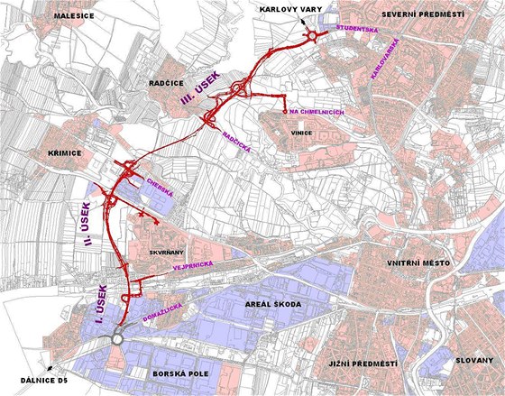 Mapa západního obchvatu Plzn