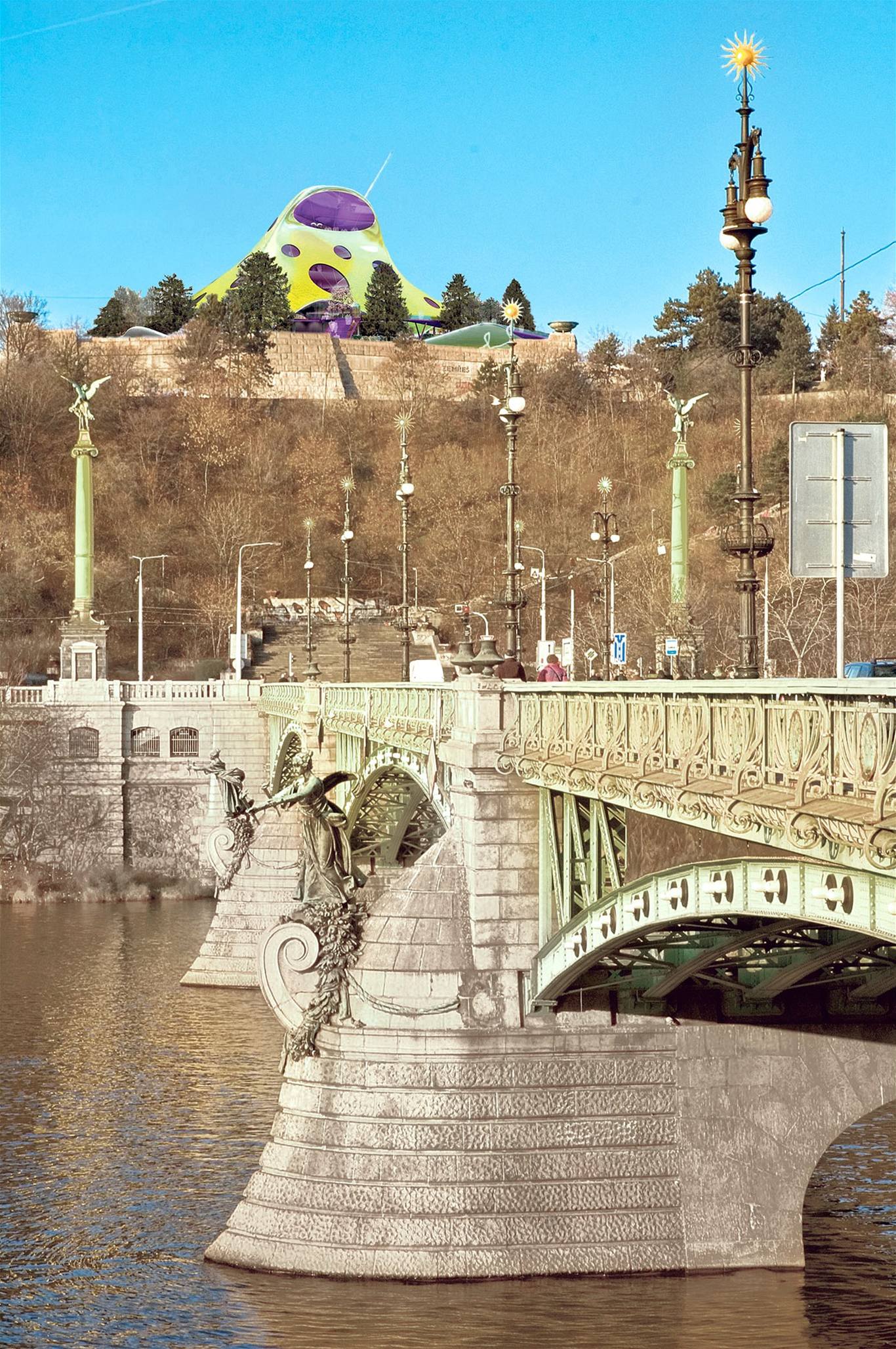Grafický návrh knihovny umíst�né nad �echovým mostem.