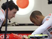 Lewis Hamilton prohl s mechanikem McLarenu monopost. 