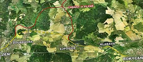 Mapa elezninho koridoru mezi Plzn a Rokycany