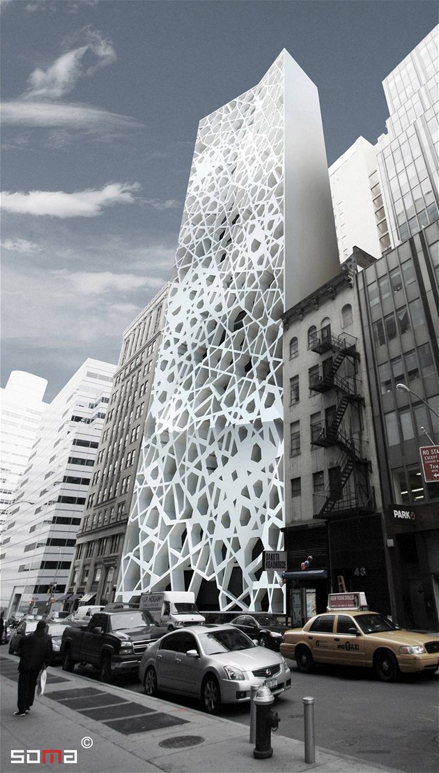 Architektonický návrh komunitního centra a meity na Manhattanu.