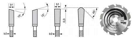 Zleva: zuby kotouče na dřevo, univerzálního kotouče a kotouče na stavební materiál