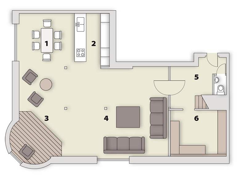 1. podlaí bytu: 1/ jídelní stl, 2/ kuchy, 3/ meditaní místnost, 4/ obývací pokoj, 5/ pedsí, 6/ atna
