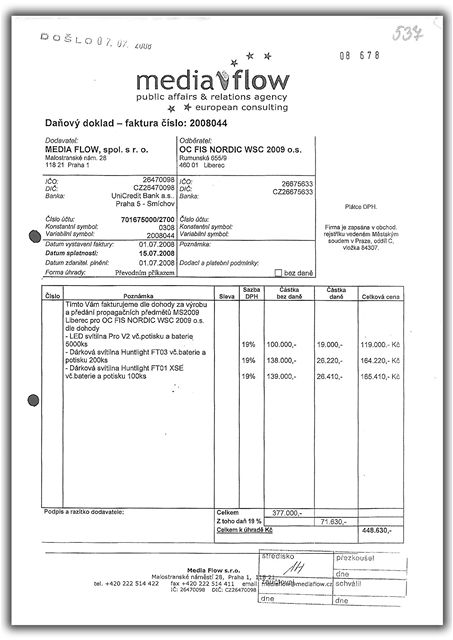 Faktura spolenosti Media Flow, kterou si platili organiztoi mistrovstv svta v lyovn v Liberci.
