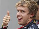 Sebastian Vettel slaví vítzství v kvalifikaci na Velkou cenu Koreje.