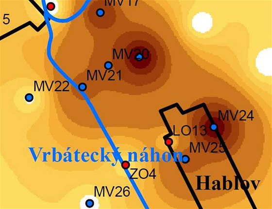 Koncentrace dichlorethylenu v okolí Hablova na Prostjovsku. ím tmaví barva, tím vyí koncentrace.