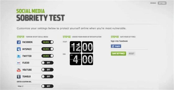 Nastavení podmínek testu opilosti v programu The Social Media Sobriety Test 