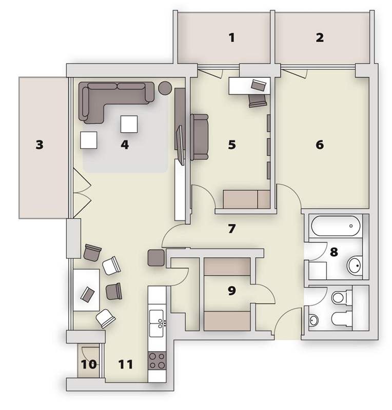 Pdorys bytu: 1 + 2/ lodie, 3/ balkon, 4/ obývací pokoj, 5/ lonice, 6/ lonice, 7/ chodba, 8/ koupelna, 9/ atna, 10/ balkon, 11/ kuchy s jídelním prostorem