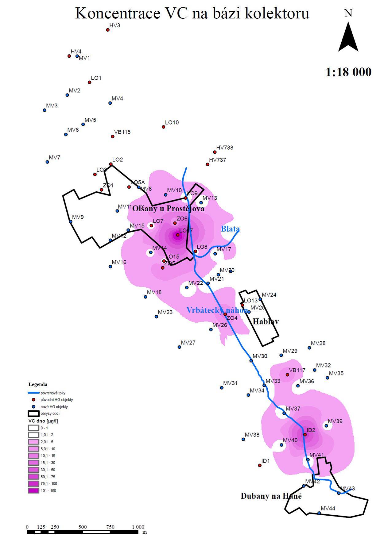 Koncentrace vinylchloridu v okolí tí obcí na Prostjovsku. ím tmaví barva, tím vyí koncentrace.