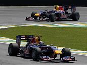 VE VEDEN. Dva Red Bully v ele: prvn Sebastian Vettel, druh Mark Webber.