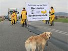 Zhruba dvactka aktivist v "bannovch" kostmech zastavila na 15 minut provoz na hranici s Rakouskem v Mikulov. (15. listopad 2010)