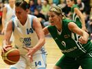 Ivana Veeová z Valosunu Brno se snaí zastavit karlovarskou basketbalistku Lenku Vtrovcovou. 