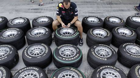 Mechanik stáje Red Bull pipravuje pneumatiky ped tréninkem v Abú Zabí.