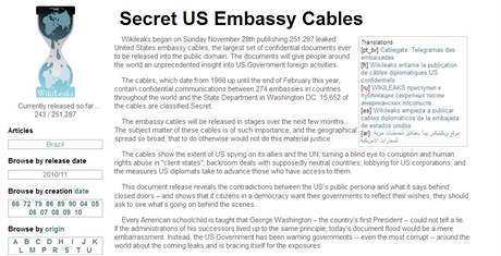 Stránka WikiLeaks, kde byly zveejnny tajné depee americké diplomacie (29. listopadu 2010)