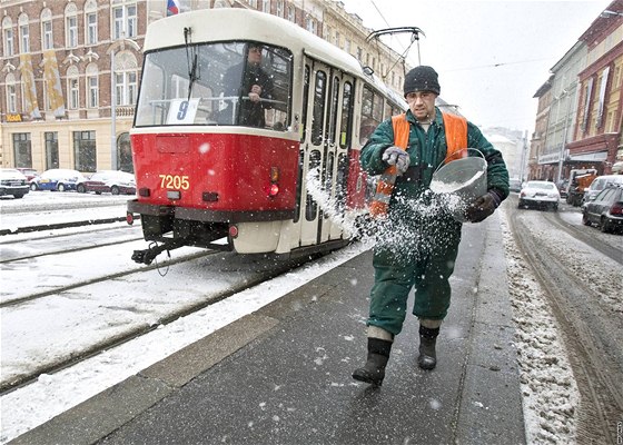 Zamstnanec Dopravního podniku sype sl na tramvajové zastávce v Praze 5. (29. listopadu 2010)