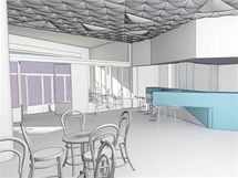Vizualizace kavárny, která má vzniknout v prostoru předsálí kina Metropol. Autorem návrhu je olomoucký architekt Petr Jakšík.