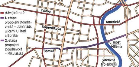 Mapa nové pomocné trolejbusové trati v Plzni