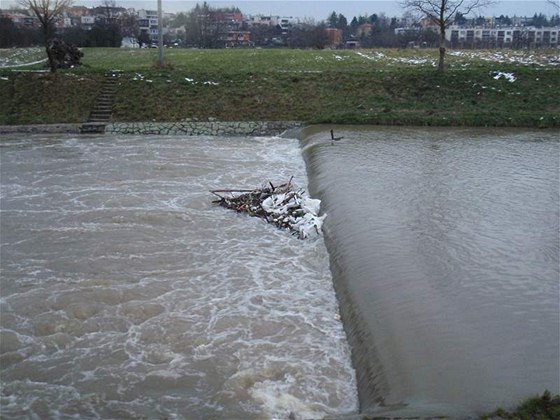 Hasii zachraovali v Otrokovicích mue, který leel v ece Devnici na ledové ke s naplaveninami.