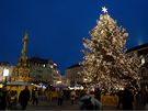 Vánoní strom stojící na Horním námstí v centru Olomouce. Vlevo v pozadí Sloup  Nejsvtjí Trojice.