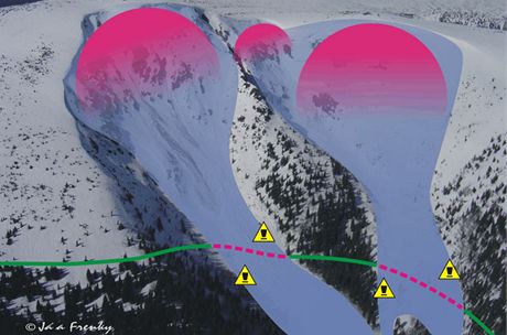 Nebezpená místa na lavinových svazích v Krkonoích