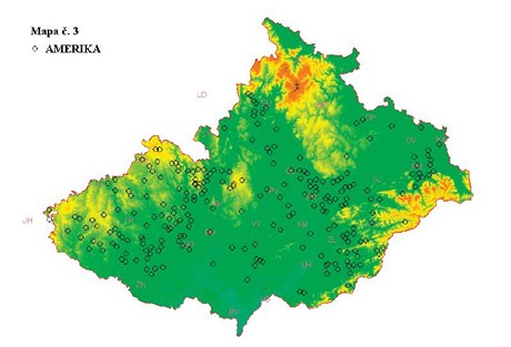 Mapa u hesla Amerika: Krouky na map oznauj msta, kde se pomstn jmna souvisejc s Amerikou vyskytla. 