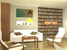 Vizualizace - obývací pokoj s knihovnou