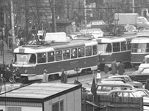 Tramvaje na Vclavskm nmst v roce 1972 pi vstavb stanice metra C Muzeum.