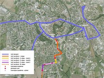 Mapa trasy nov olomouck tramvajov trat na Nov Sady.