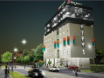 Vizualizace vzhledu nového olomouckého tříhvězdičkového hotelu Ibis, který se staví ve Wolkerově ulici.